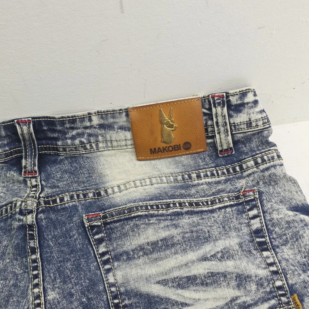 Makobi Biker Jeans Men's Size 36x32 Acid Wash Distressed Paint Splatter Moto